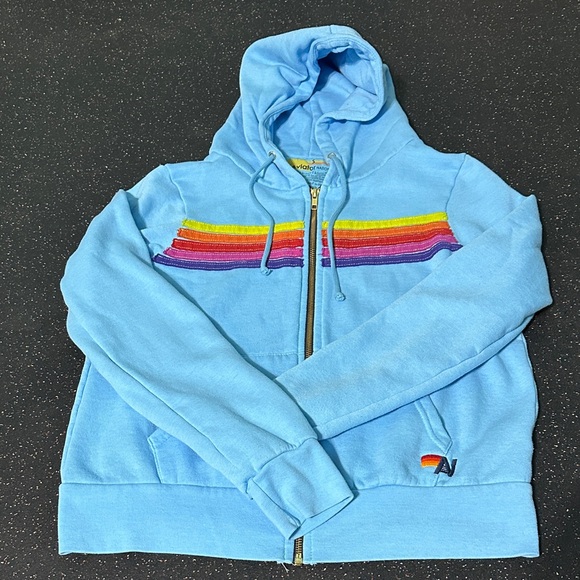 Aviator Nation Tops - Aviator Nation Light Blue Hoodie with Rainbow Accents-small